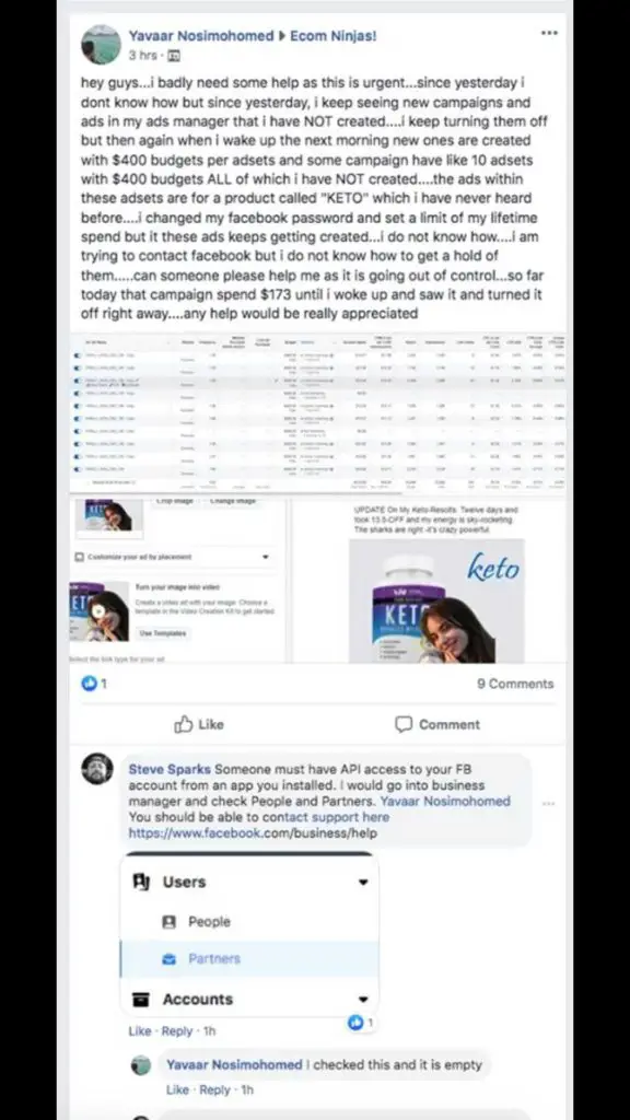 A screenshot was shared  complaining about mysterious and unwanted campaigns appearing in his Ads Manager