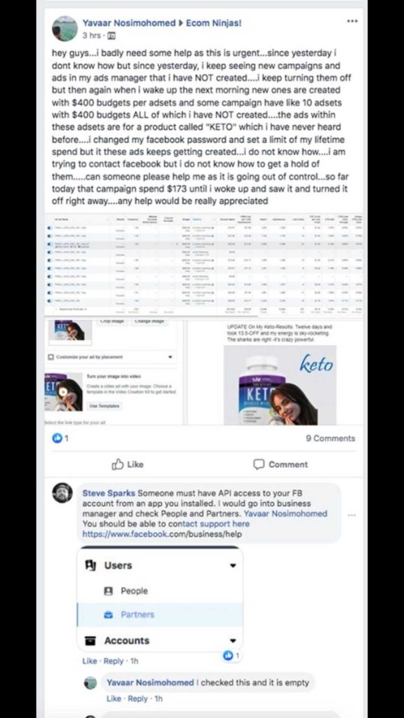 A screenshot was shared  complaining about mysterious and unwanted campaigns appearing in his Ads Manager